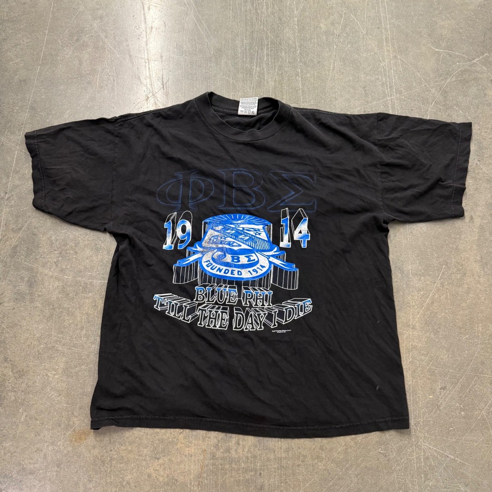 Vintage Phi Beta Sigma Fraternity T-Shirt Q-Tees 1914 Blue Phi Black XL USA Made